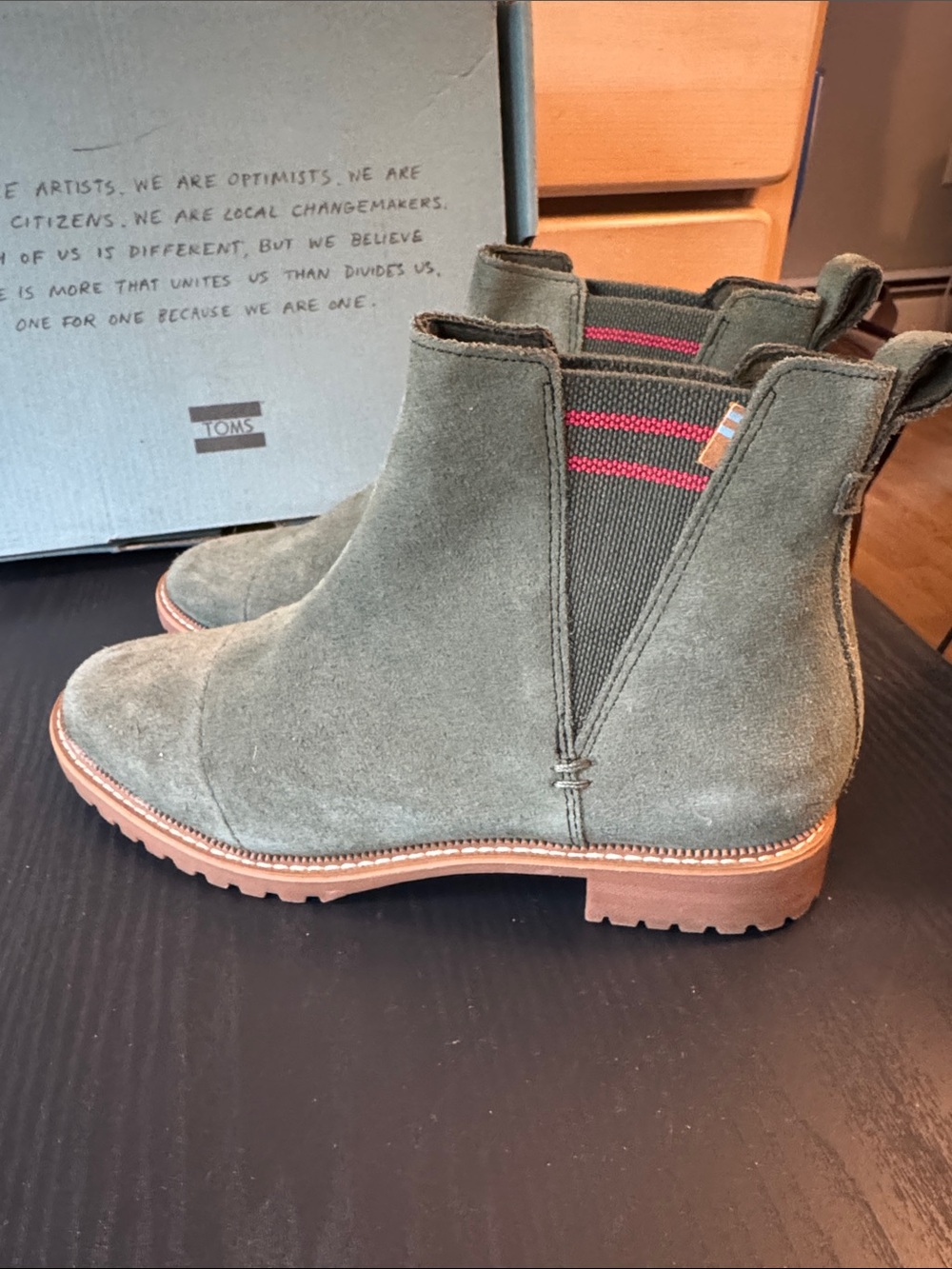 Toms Olive Suede Chelsea Booties with Tan Lug Sole